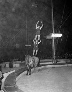 832115 Afbeelding van acrobaten tijdens een act in een circus.